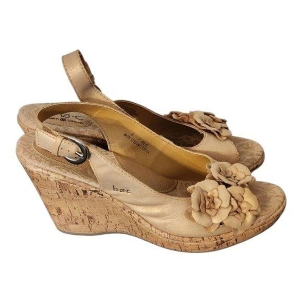 Born b.o.c Gold Floral Slingback Wedge Sandals Comfort Cork Heel Shoes Size 9‎